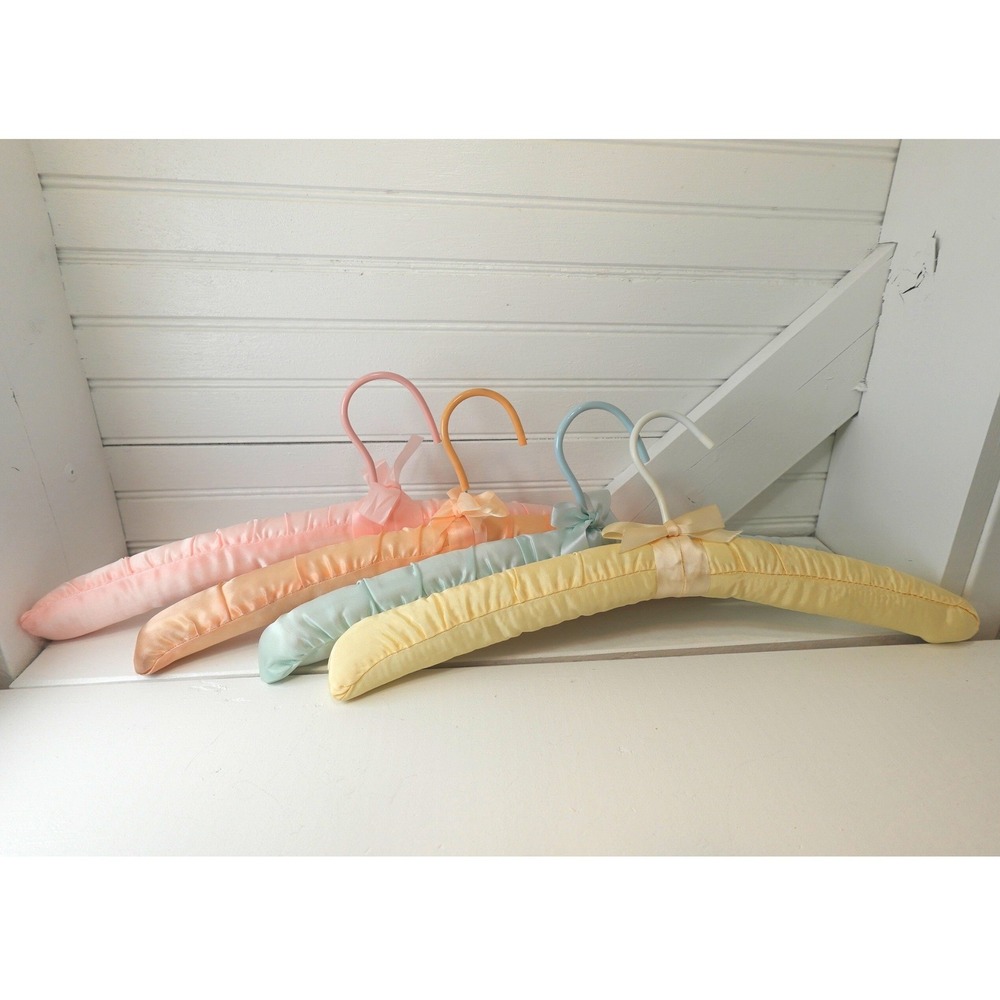 Vintage Hangers Satin Padded Set of Four Pastel Colors Wrapped Wire R.O.C. 80s